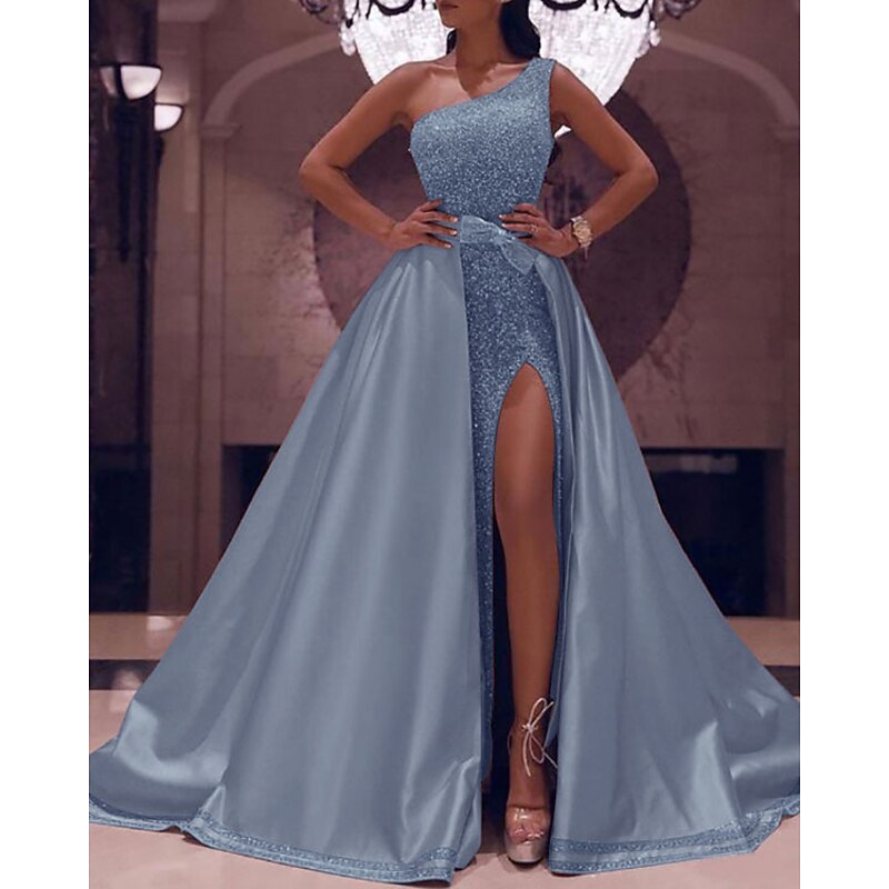 Ball Gown Prom Dresses Sparkle & Shine Dress Wedding Guest Evening Party Floor Length Sleeveless One Shoulder Detachable Satin with Bow(s) Sequin Slit 7