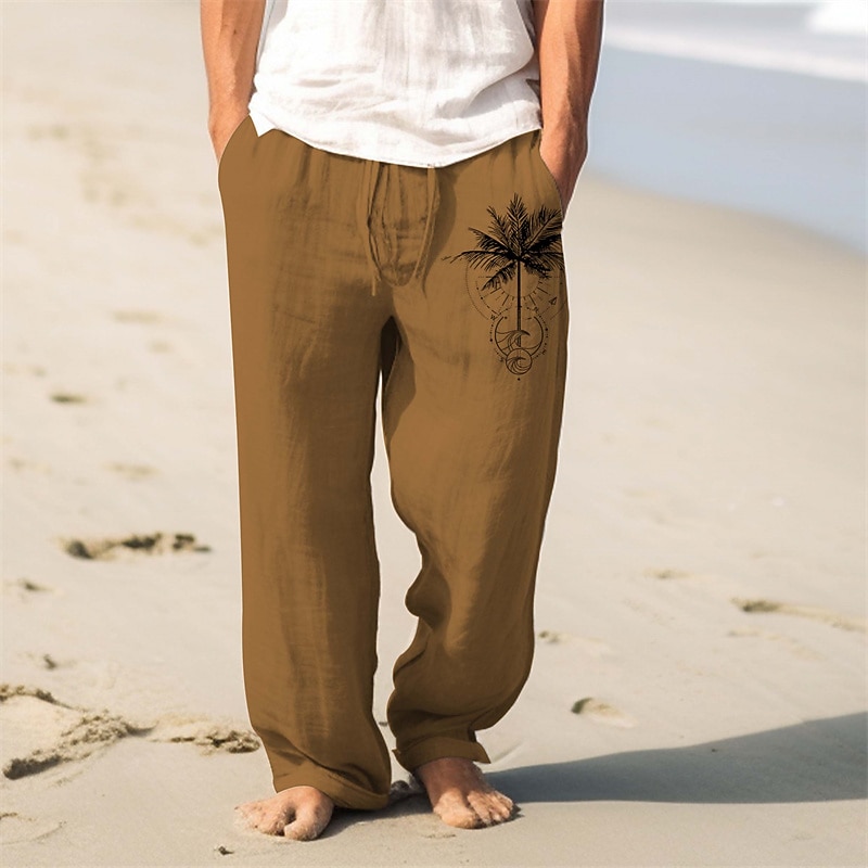 Men's Palm Tree Linen Pants Pants Trousers Baggy Pants Mid Waist Vintage Outdoor Daily Wear Streetwear Fall & Winter Black Blue Green3
