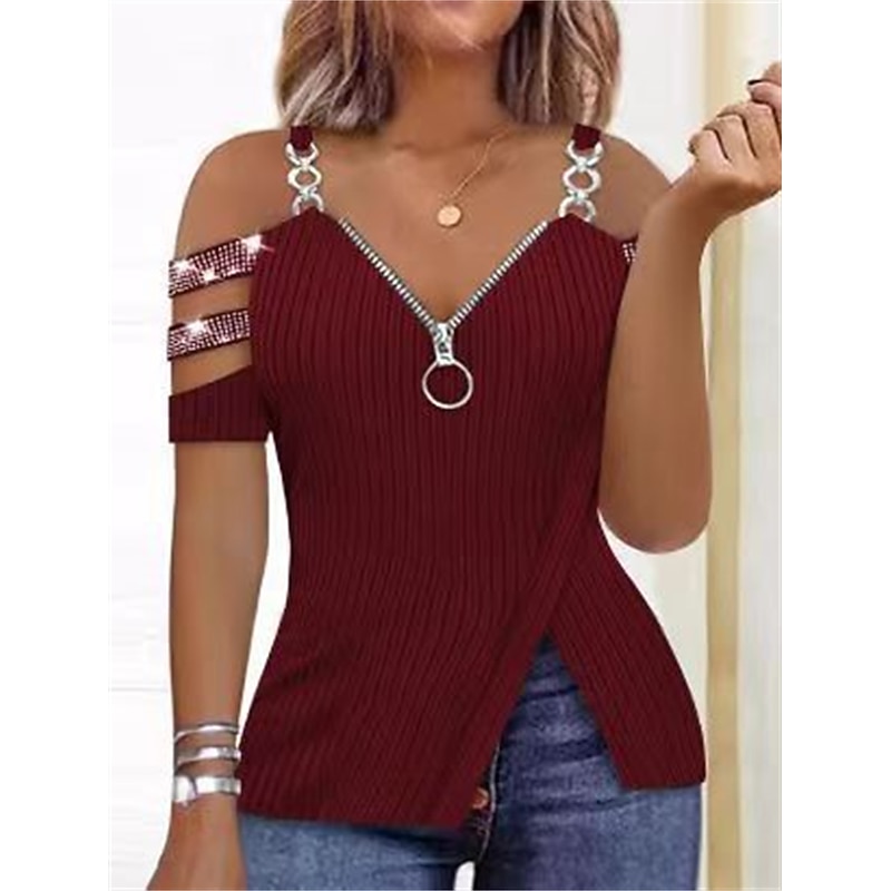 Shirt Blouse Women's Black Pink Red Sparkly Sequins Cut Out Casual Fashion V Neck Regular Fit S