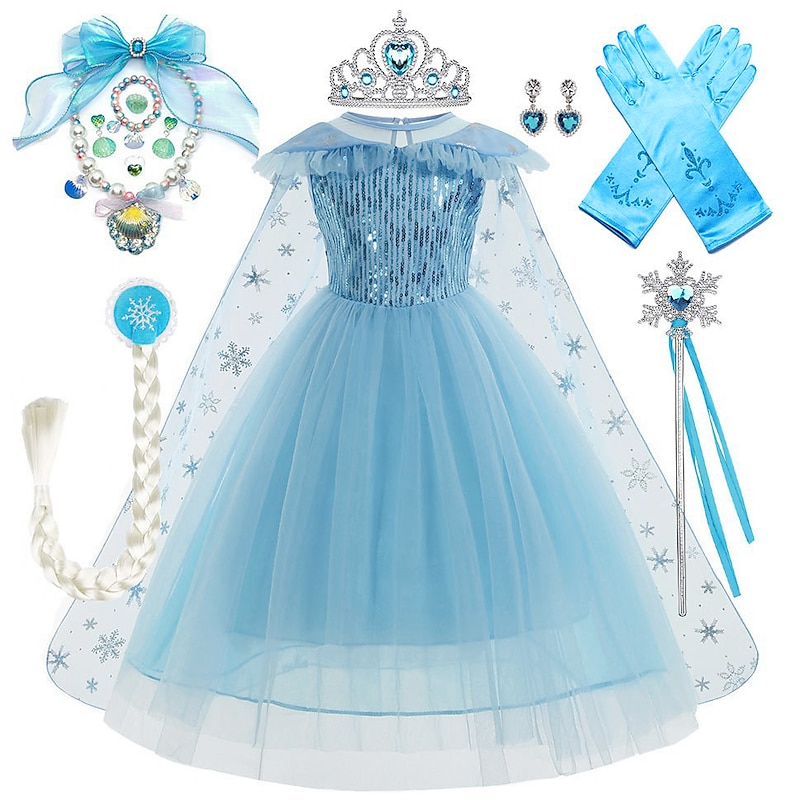 Frozen Fairytale Princess Elsa Flower Girl Dress Theme Party Costume Tulle Dresses Girls' Movie Cosplay Halloween Blue With Accessories Dress Carnival Masquerade Cotton World Book Day Costumes