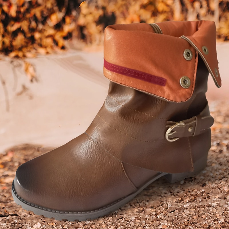 Men's Brown and Orange Fold-Over Ankle Boots with Buckle Strap, Stylish Casual Footwear for Fall and Winter