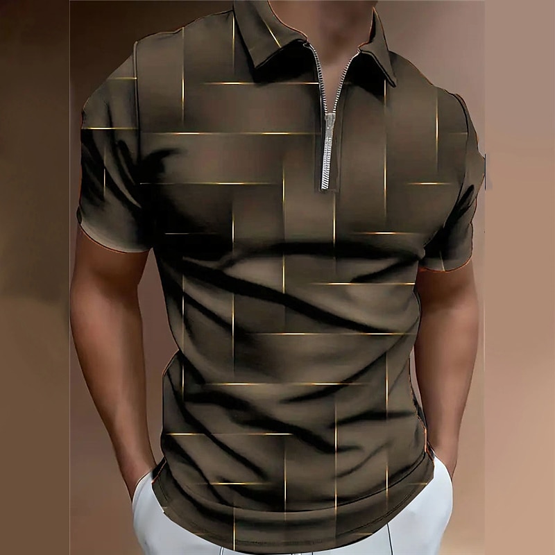 Men's Plaid Zip Polo Shirts Golf Shirt Short Sleeve Polo Shirts Collared Shirts Casual Vacation Wear Formal Wear Festival Wear 3D Print Quarter Zip Polo Spring & Summer Black Purple Brown2