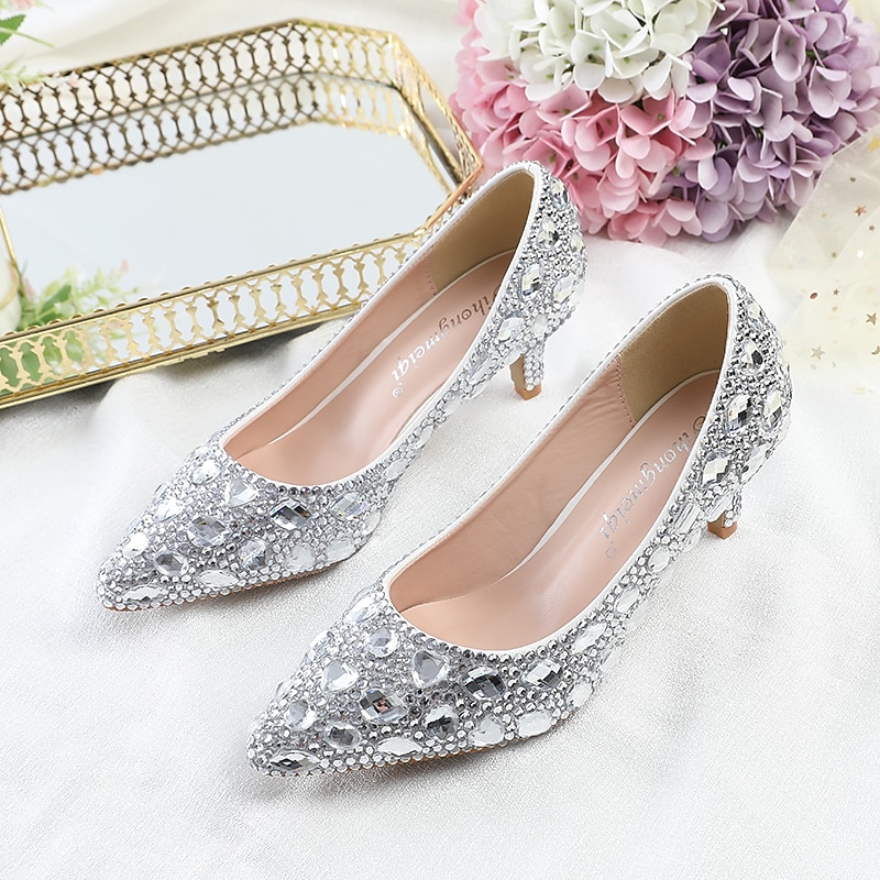 Women's Silver Rhinestone Pointed-Toe Kitten Heels – Elegant Low Heel Bridal Wedding & Evening Party
