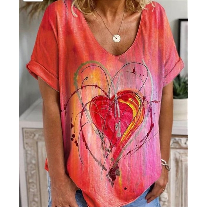 Valentine Women's Heart T Shirt Cute Red Tee Print Weekend Fashion Short Sleeve V Neck Red Summer Spring & Fall