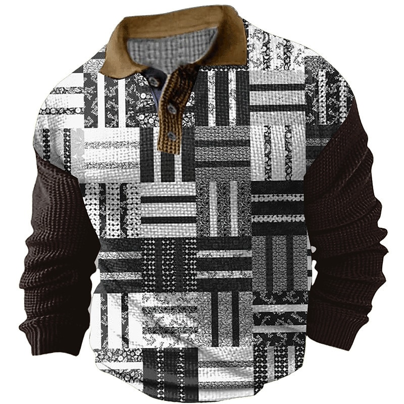 Men's Plaid Waffle Polo Shirts Golf Shirt Long Sleeve Polo Shirts Collared Shirts Vintage Casual Vacation Wear Formal Wear Festival Wear Buttons 3D Print Spring Black Navy Blue Brown