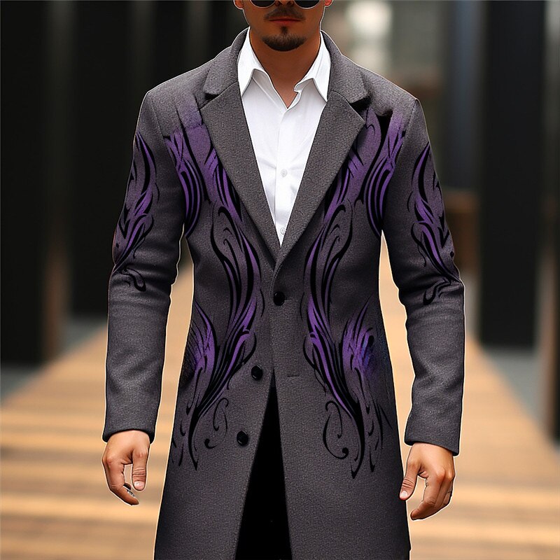 Men's Symbol Winter Coat Overcoat Coat Warm Comfortable Breathable Vintage Business Work Wear to work Going out Pocket Print Fall & Winter Turndown Long Sleeve Ginger Purple khaki3