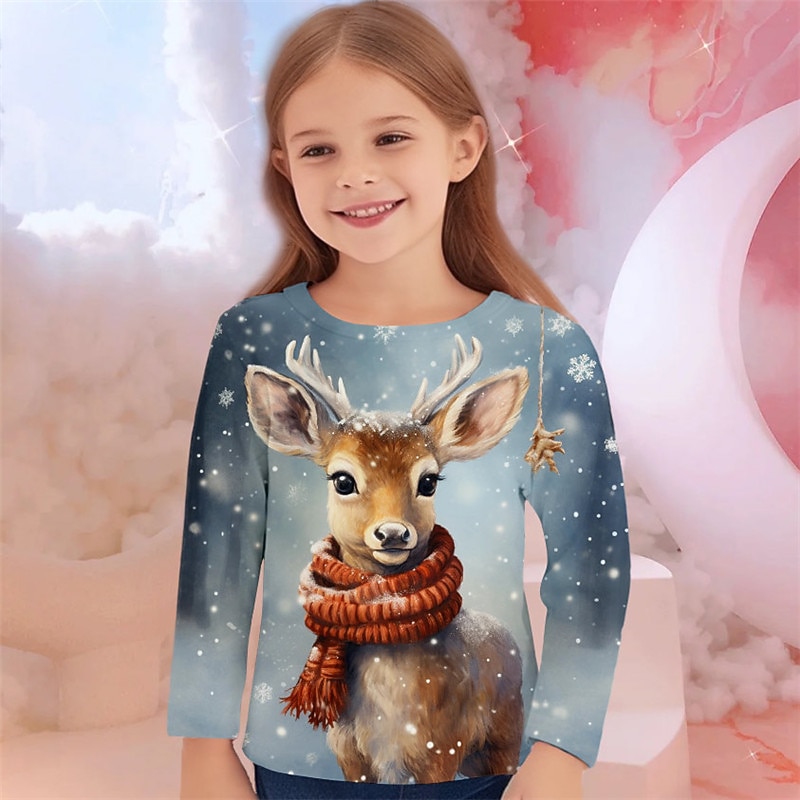 Girls' 3D Deer Christmas T shirt Tee Shirts Long Sleeve 3D Print Spring Fall Active Fashion Cute Kids 3-12 Years Crew Neck Outdoor Casual Daily Regular Fit2