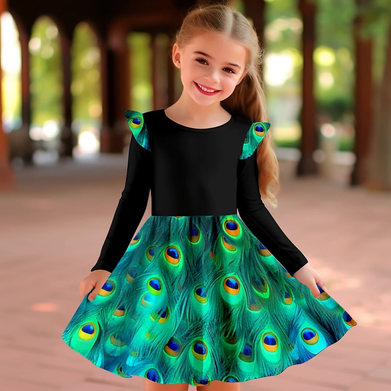 Girls' 3D Feathers Ruffle Dress Long Sleeve 3D Print Fall Winter Sports & Outdoor Daily Holiday Cute Casual Beautiful Kids 3-12 Years Casual Dress A Line Dress Above Knee Polyester Regular Fit3