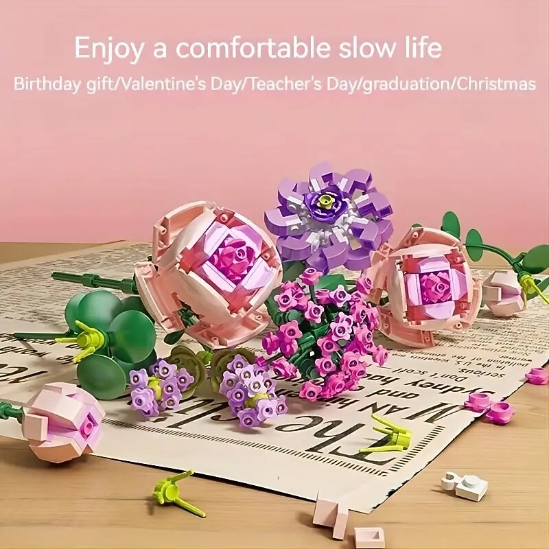 Women's Day Gifts 413pcs Building Blocks Bouquet Set Gift Wrapping Paper Birthday Gift Can Decorate Bedroom Living Room Office Vase Not Included Mother's Day Gifts for MoM