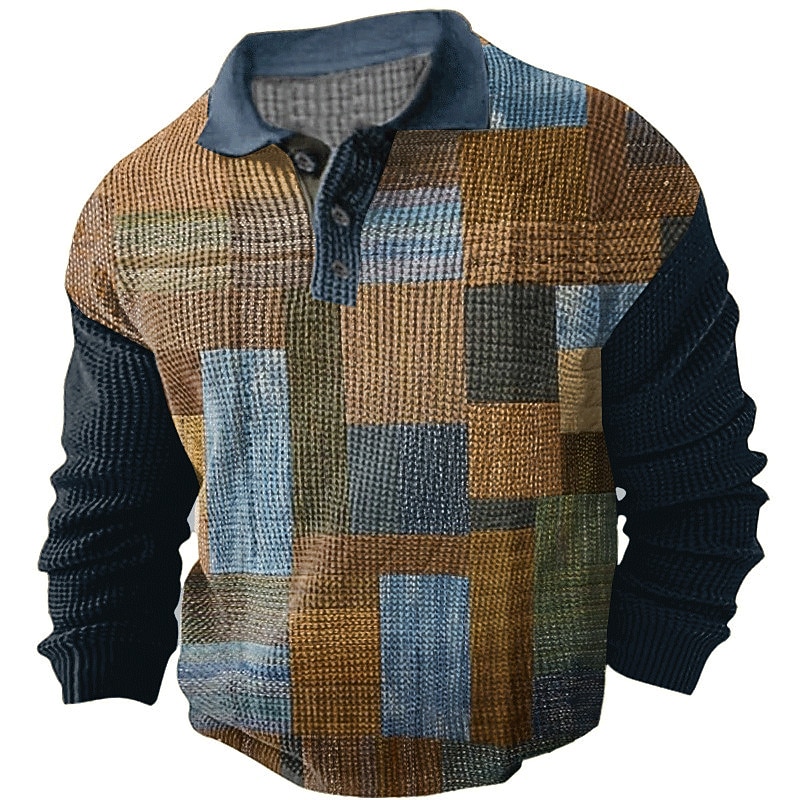 Men's Plaid Waffle Polo Shirts Golf Shirt Long Sleeve Polo Shirts Collared Shirts Vintage Casual Vacation Wear Formal Wear Festival Wear Buttons 3D Print Fall & Winter Black Yellow Brown
