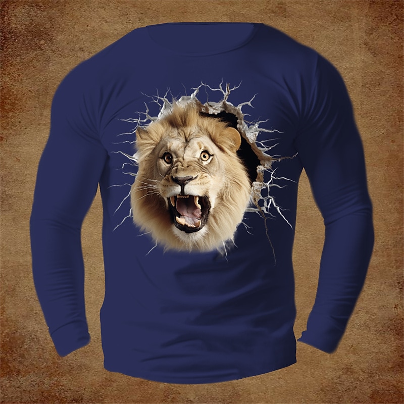 Men's Long Sleeve T-Shirt with 3D Roaring Lion Graphic, Wild Animal Breakthrough Design Crew Neck Casual Top3