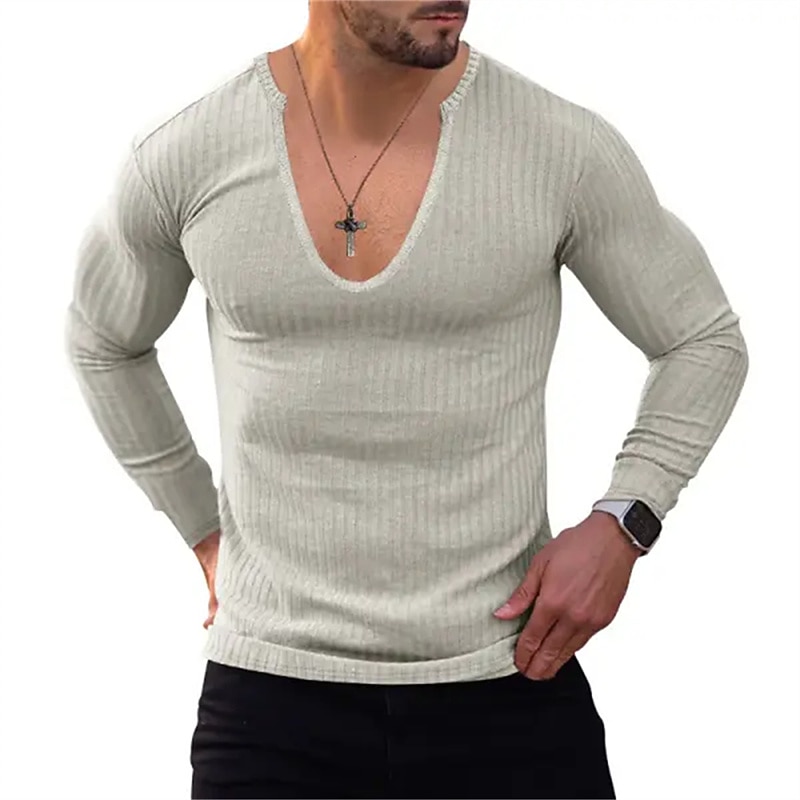Men's T Shirt Knit Tee Tee Top Long Sleeve Shirt Long Sleeve V Neck Spring &  Fall Plain Pit Strip Fashion Designer Basic Vacation Street Going out Wine Black Blue Top Tee for Men4