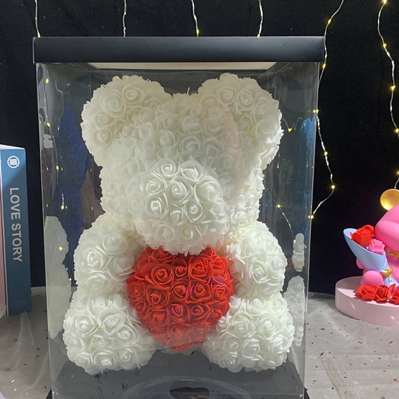 Rose Bear Artificial Foam Flowers with LED Light & Plastic Gift Box- Perfect Romantic Gift for Mother's Day, Anniversary, Wedding, Birthday, Thanksgiving, and Christmas 25cm/10inch4