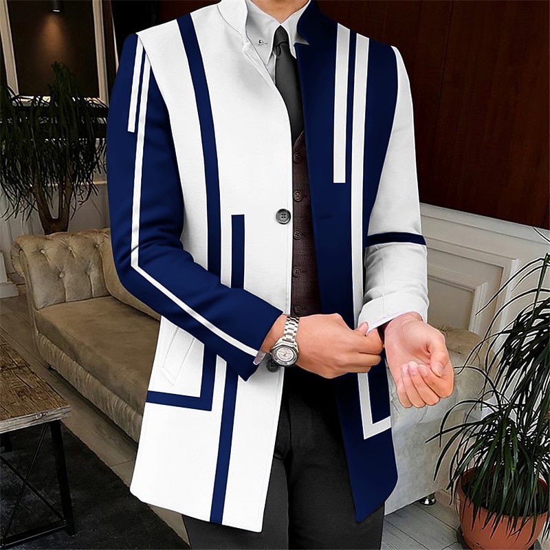 Men's Stripe Geometry Winter Coat Overcoat Coat Warm Comfortable Breathable Business Work Wear to work Going out Pocket Print Fall & Winter Stand Collar Long Sleeve White Yellow Red 6