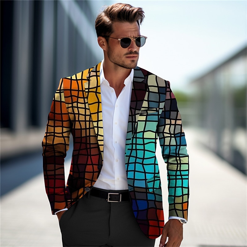 Men's Color Block Plaid / Check Gradient Ramp Long Sleeve Turndown Business Work Wear to work Going out Buttons Print Multi Pocket