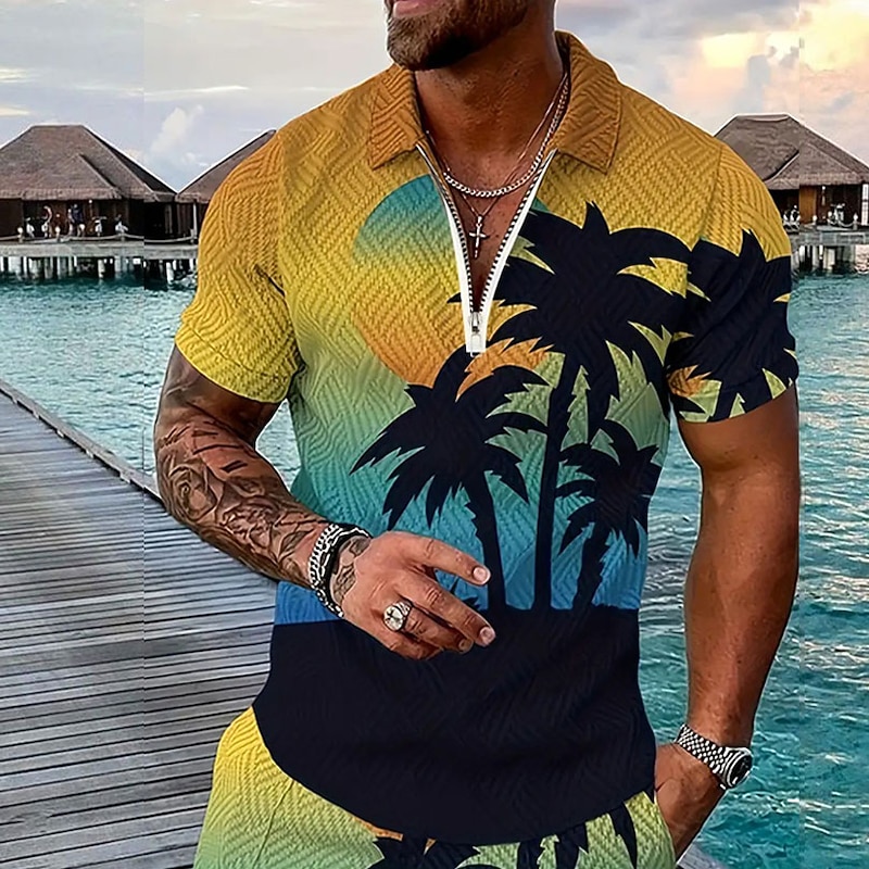 Men's Palm Tree Hawaiian Polo Shirts Golf Shirt Short Sleeve Polo Shirts Collared Shirts Casual Beach Wear Vacation Wear Tropical Wear Party Outfits 3D Print Quarter Zip Polo Spring & Summer Yellow