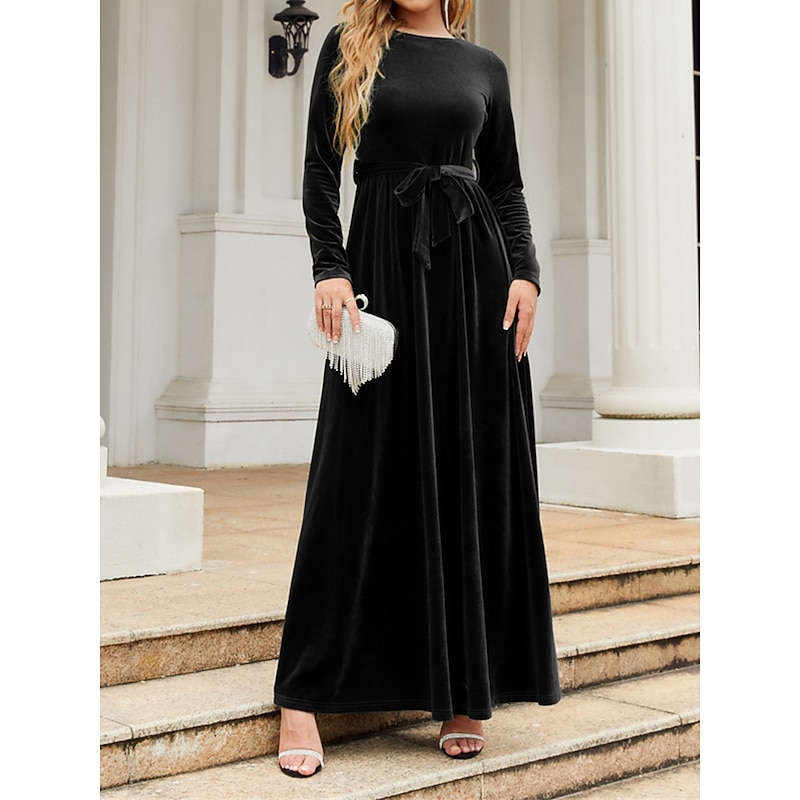 Women's Black Dress Velvet Dress Prom Dress Lace up Crew Neck Long Sleeve Winter Dress Black Wine Fall Winter