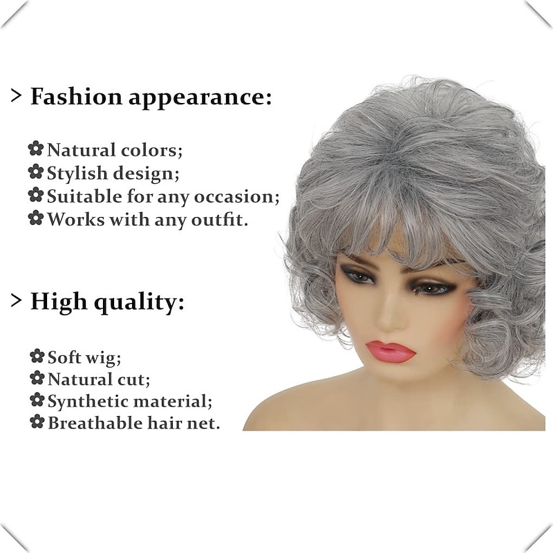 Short Grey Curly Women Wigs with Bangs Natural Synthetic Hair Layered Old Ladies Heat Resistant Daily Cosplay Full Wigs4