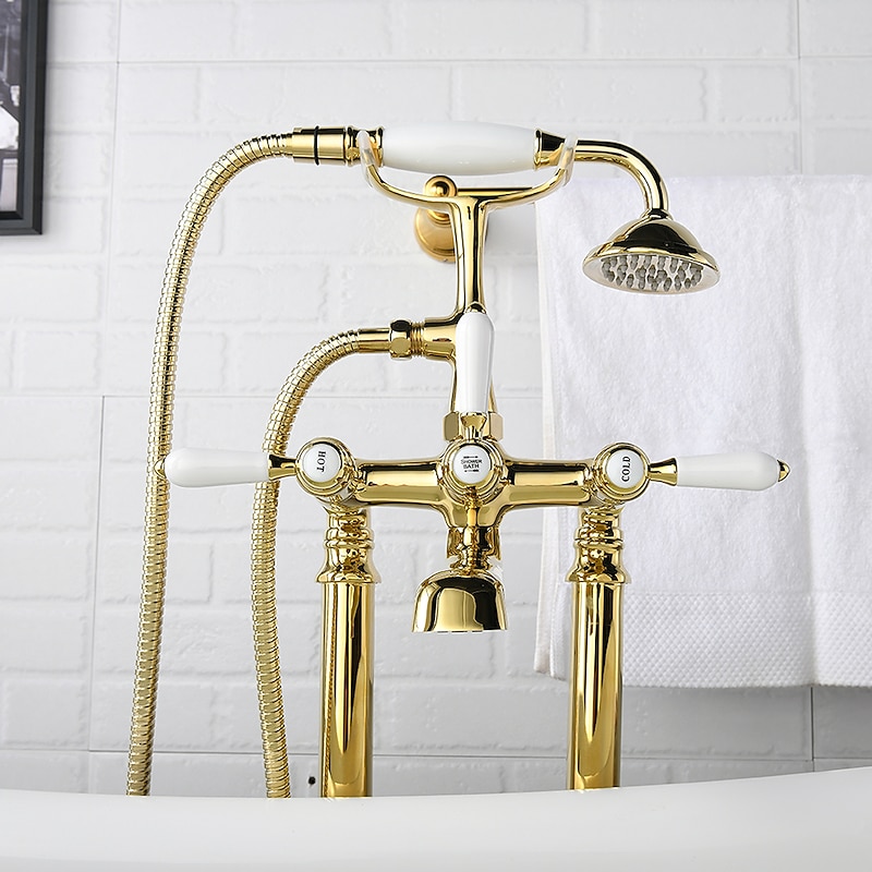 Bathtub Faucet - Retro Vintage Electroplated Free Standing Ceramic Valve Bath Shower Mixer Taps3