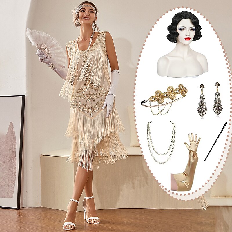 Set with Flapper Dress Black Finger Wave Wig Headband Long Opera Gloves Necklace Earings Cigarette Holder Women's Roaring 20s 1920s Flapper Girl Cocktail Masquerade Outfits The Great Gatsby Costume