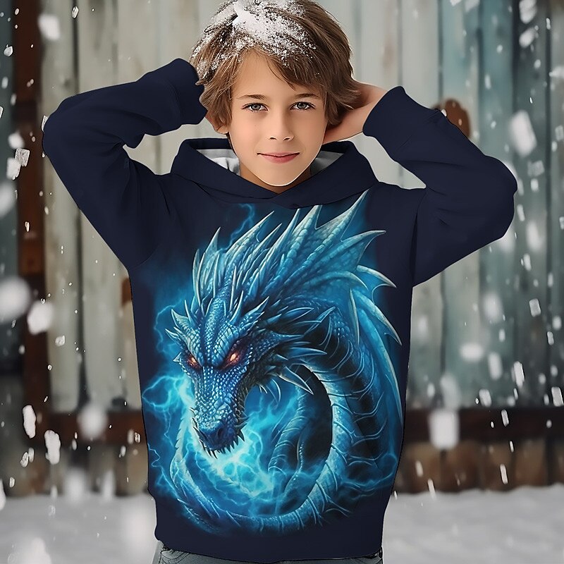 Boys 3D Dragon Hoodie Pullover Long Sleeve 3D Print Spring Fall Fashion Streetwear Cool Kids 3-12 Years Hooded Outdoor Casual Daily Regular Fit