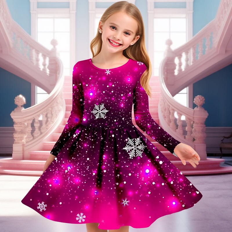 Girls' 3D Snowflake Dress Snowflake Dress Long Sleeve 3D Print Fall Winter Vacation Sports & Outdoor Daily Cute Casual Beautiful Kids 4-12 Years Casual Dress A Line Dress Above Knee Regular Fit