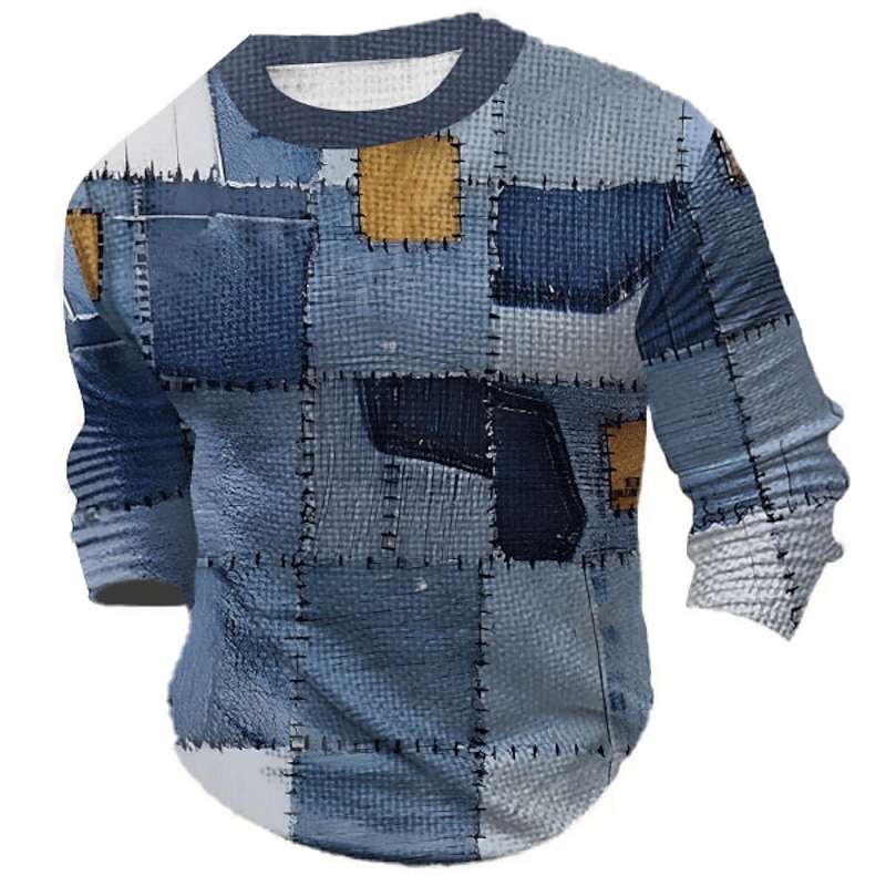 Men's Graphic Color Block Patchwork T Shirt Waffle T Shirt Long Sleeve T shirt 3D Print Crew Neck Shirt Designer Retro Vintage Casual Sports Outdoor Holiday Going out Blue Brown Green Spring &  Fall4