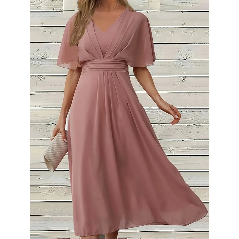 Women's Midi Dress Casual Dress Cocktail Dress Wedding Guest Dress Chiffon Dress Elegant Streetwear A Line Vacation Work Street Regular Fit Short Sleeve V Neck Pink Summer3