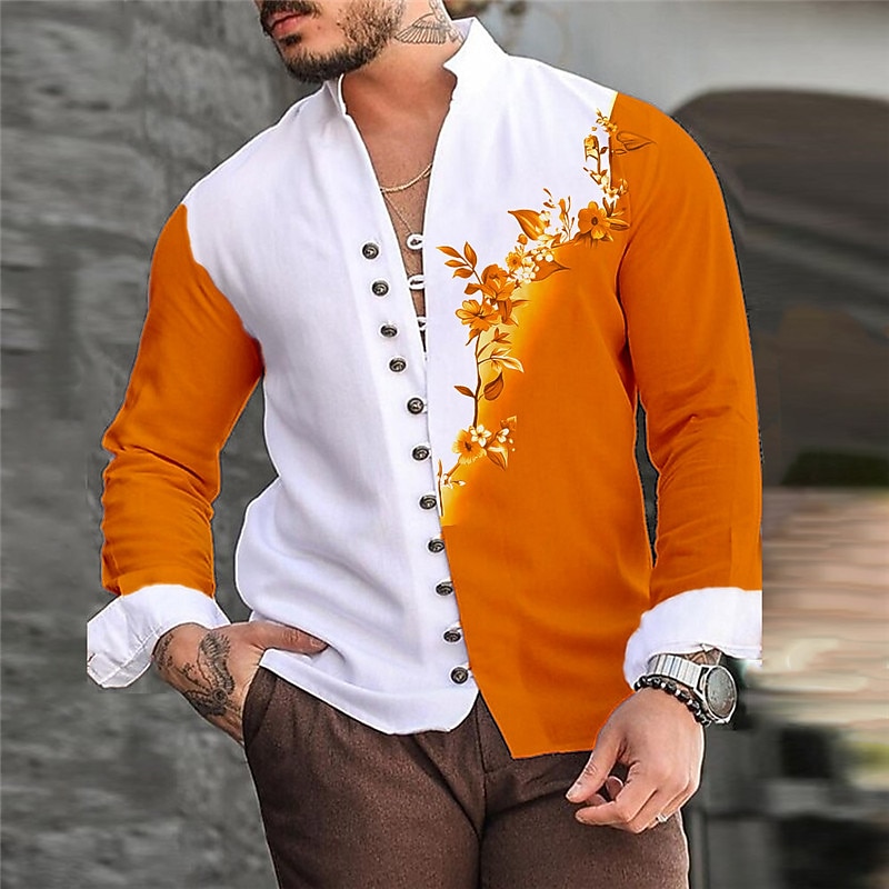 Men's Floral Shirt Button Up Shirt Long Sleeve Casual Daily Wear Going out Weekend Spring & Summer Standing Collar Print Button-Down Burgundy Blue Orange3