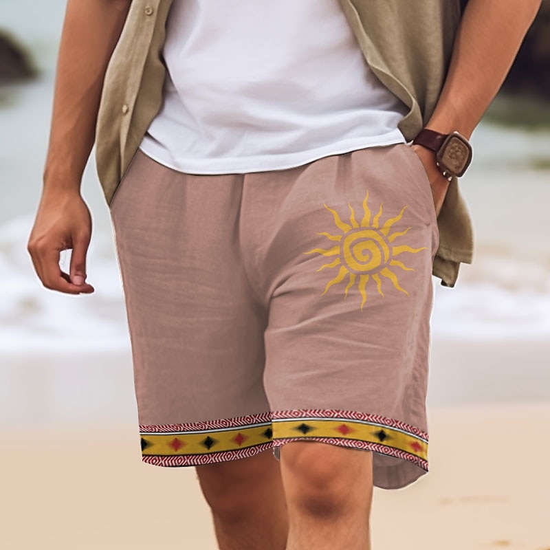 Men's Cotton Linen Shorts Summer Shorts Beach Shorts Print Drawstring Elastic Waist Sun Comfort Breathable Short Outdoor Holiday Going out Cotton Blend Ethnic Style Casual White Pink3