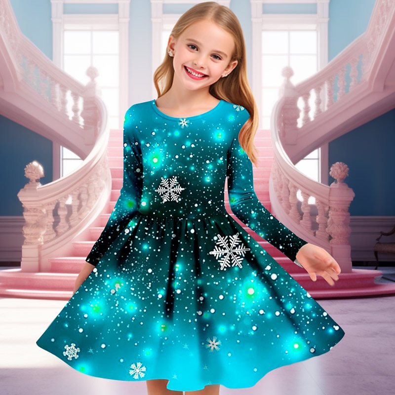 Girls' 3D Snowflake Dress Snowflake Dress Long Sleeve 3D Print Fall Winter Vacation Sports & Outdoor Daily Cute Casual Beautiful Kids 4-12 Years Casual Dress A Line Dress Above Knee Regular Fit4