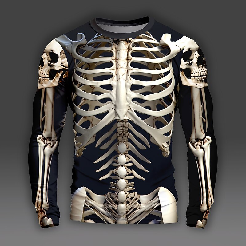 Halloween Day of the Dead Skull Men's Graphic Skull Skeleton T Shirts Long Sleeve T shirt 3D Print Crew Neck Shirt Daily Designer Outdoor Party Holiday Spring Fall Clothing Apparel - Main Image