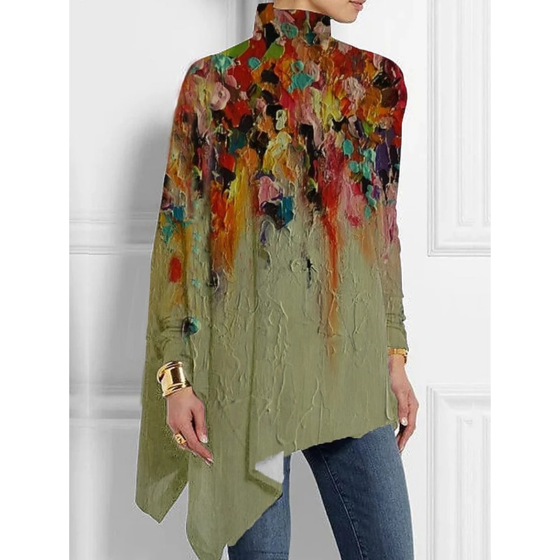 Women's T shirt Long Sleeve Fashion Floral Print Asymmetric Hem Long Sleeve Long Tops High Neck Casual Holiday Blue Green Gray Spring & Fall Prefall