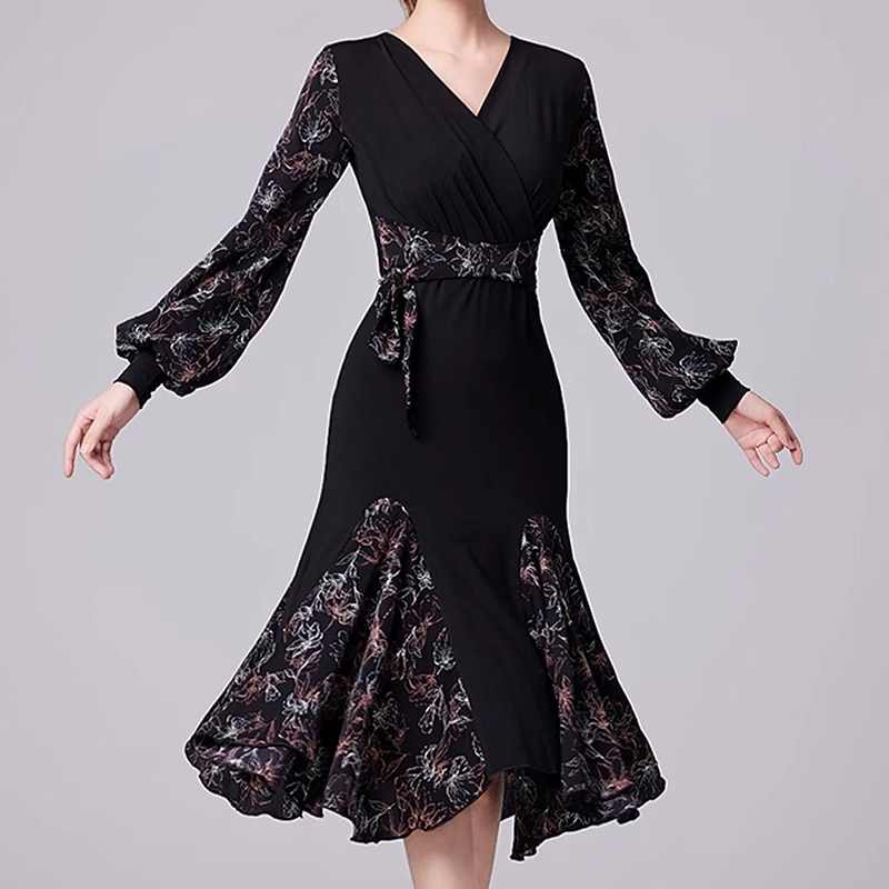 Latin Dance Ballroom Dance Dress Splicing Women's Performance Daily Wear Long Sleeve Crystal Cotton