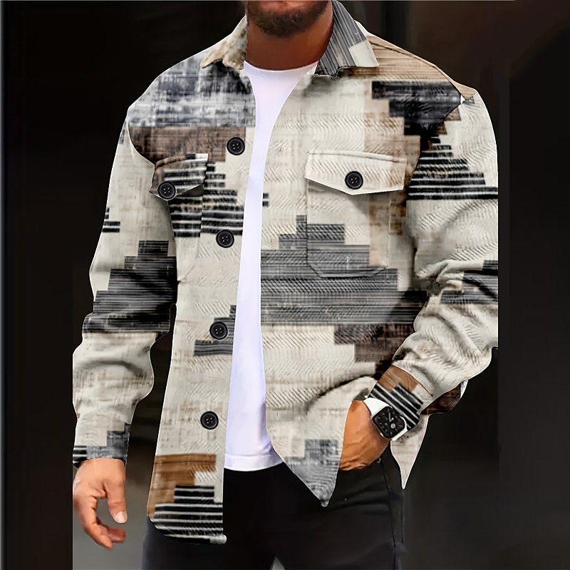 Men's Color Block Geometric Pattern Geometry Shirt Shirt Jacket Overshirt Long Sleeve Business Casual Daily Wear Going out Weekend Fall & Winter Turndown Pocket Print Button-Down Black Khaki3