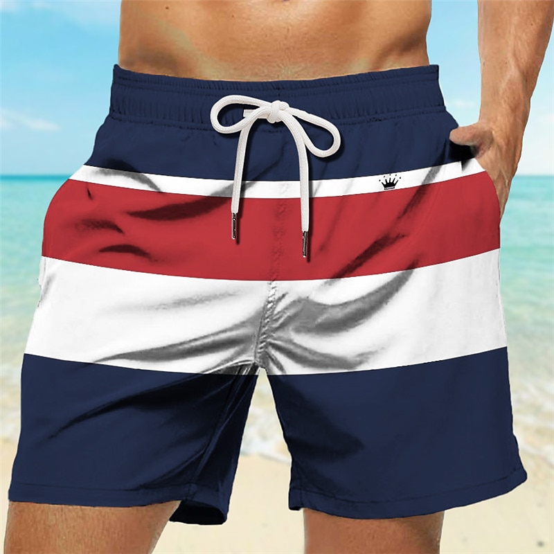 Men's Stripe 3D Print Swim Trunks Swim Shorts Board Shorts Mid Waist Vacation Hawaiian Holiday Vacation Holiday Beach Drawstring with Mesh lining Elastic Waist Designer Clothing Apparel