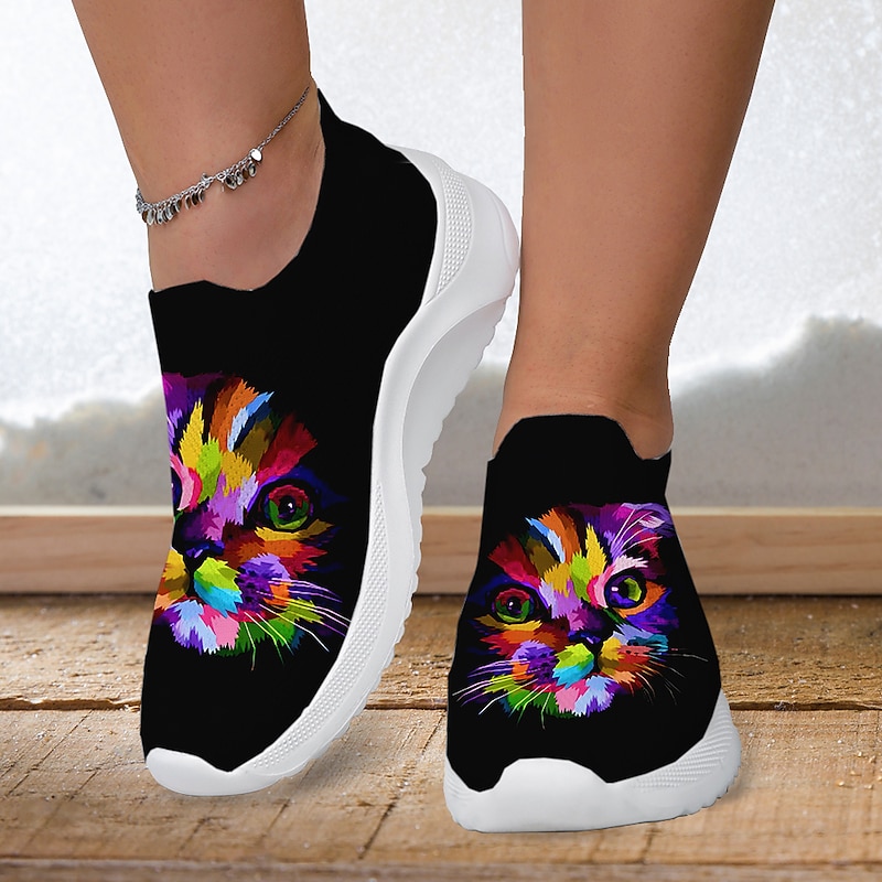 Women's Sneakers Slip-Ons Print Shoes Flyknit Shoes Comfort Shoes Outdoor Daily Cat Flat Heel Fashion Casual Tissage Volant Yellow Pink Blue 5