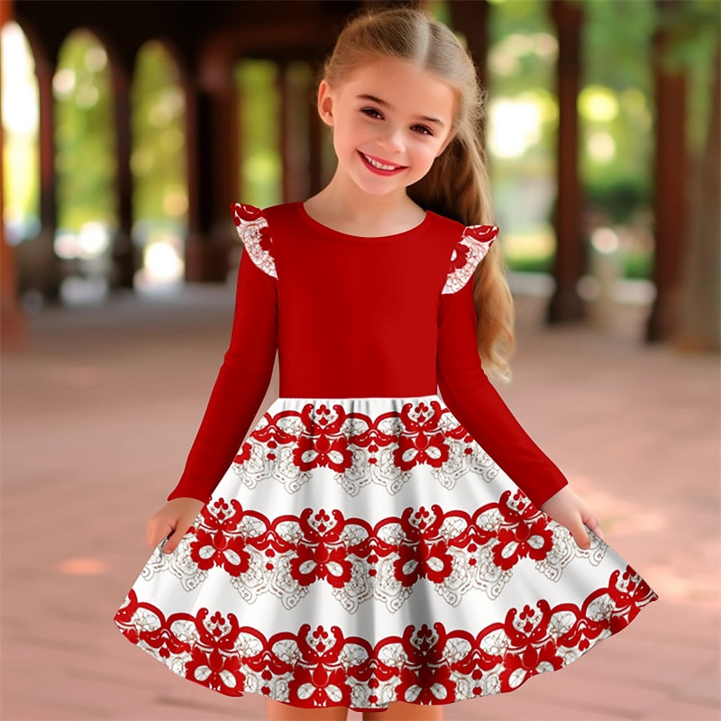 Carnival Girls' 3D Floral Ruffle Dress Pink Long Sleeve 3D Print Spring Fall Vacation Sports & Outdoor Daily Cute Casual Beautiful Kids 3-12 Years Casual Dress A Line Dress Above Knee Regular Fit4