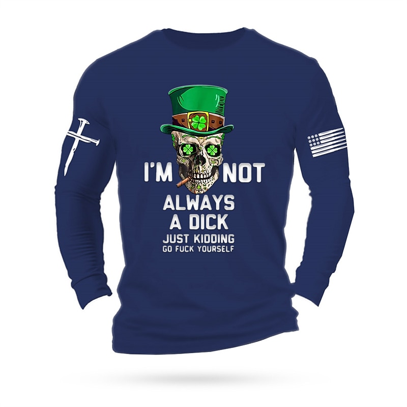 St.Patrick's Day Skulls National Flag Black White Orange T shirt Tee Men's Graphic Cotton Shirt Vintage Basic Shirt Long Sleeve Comfortable Tee Sports Outdoor Holiday Spring Fall Fashion Designer