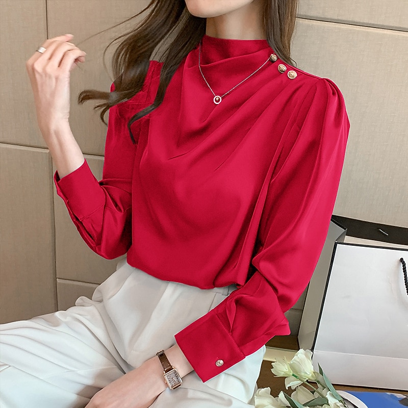 Women's Shirt Elegant Dressy Satin Plain Daily Business Mature Long Sleeve Turtleneck High Neck Regular Tops Work Black White Red Blue Spring & Fall4