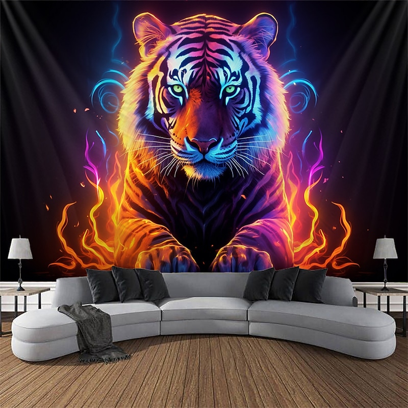 Blacklight Tapestry UV Reactive Glow in the Dark Glow Party Neon Tiger Animal Psychedelic Trippy Misty Hanging Tapestry Wall Art Mural for Living Room Bedroom3