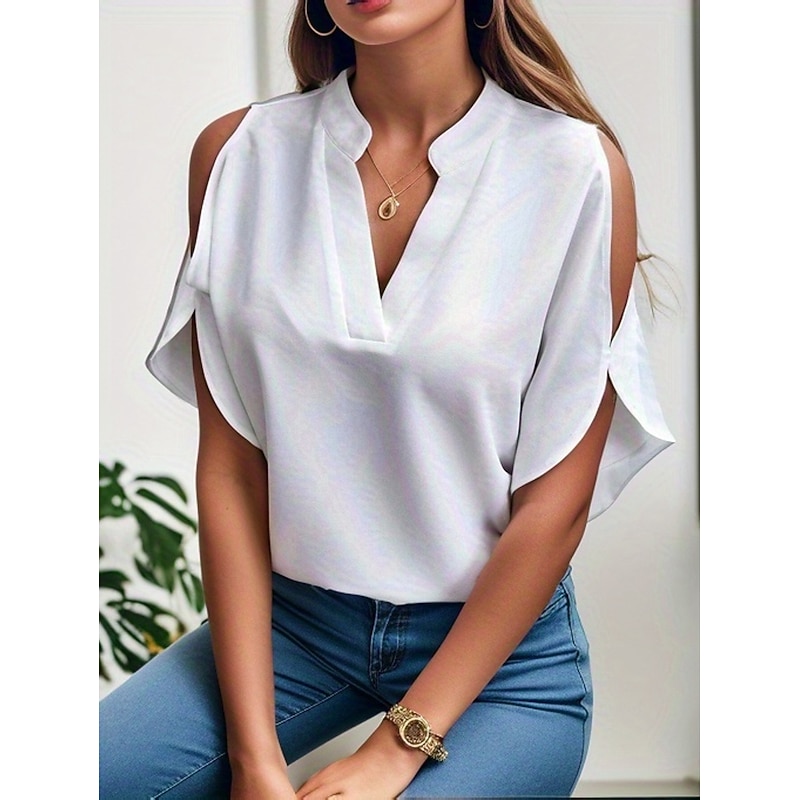 Shirt Blouse Women's White Red Green Floral Plain Cut Out Casual Fashion V Neck Regular Fit S4