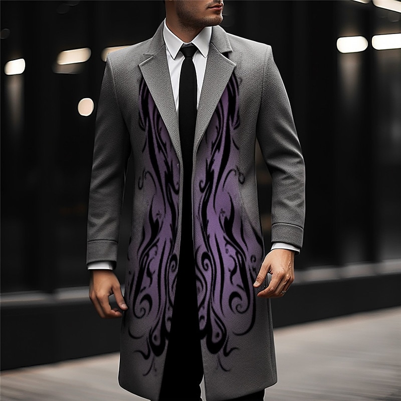 Men's Symbol Winter Coat Overcoat Coat Warm Comfortable Breathable Vintage Business Work Wear to work Going out Pocket Print Fall & Winter Turndown Long Sleeve Ginger Purple khaki4