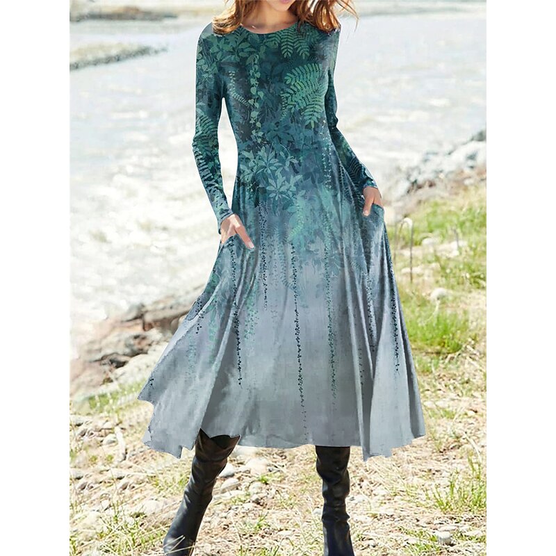 Women's Midi Dress Vintage Dress Casual Dress Winter Dress Swing Dress Vintage Ethnic Tribal Formal Vacation Party Regular Fit Floral Long Sleeve Crew Neck Wine Purple Green Khaki Fall Winter2