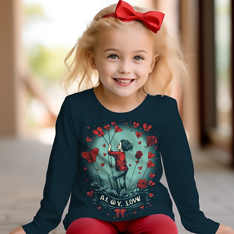 Valentines Girls' 3D Heart Tee Shirts Long Sleeve 3D Print Spring Fall Active Fashion Cute Polyester Kids 3-12 Years 4-12 Years Crew Neck Outdoor Casual Daily Regular Fit3