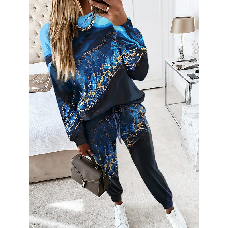 Women's 2 Pieces Sweatshirt Tracksuits Sports Daily Tracksuit Pants Sets Joggers Pants Trousers Long Sleeve Round Neck Graphic Abstract Drawstring Print Outdoor Casual Pink Blue Green