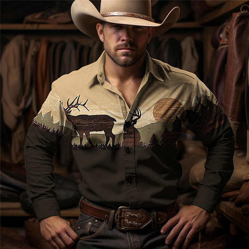 Men's Cow Shirt Western Shirt Cowboy Shirt Long Sleeve Vintage Western Style Outdoor Street Casual Daily Fall & Winter Turndown Buttons Print Blue khaki