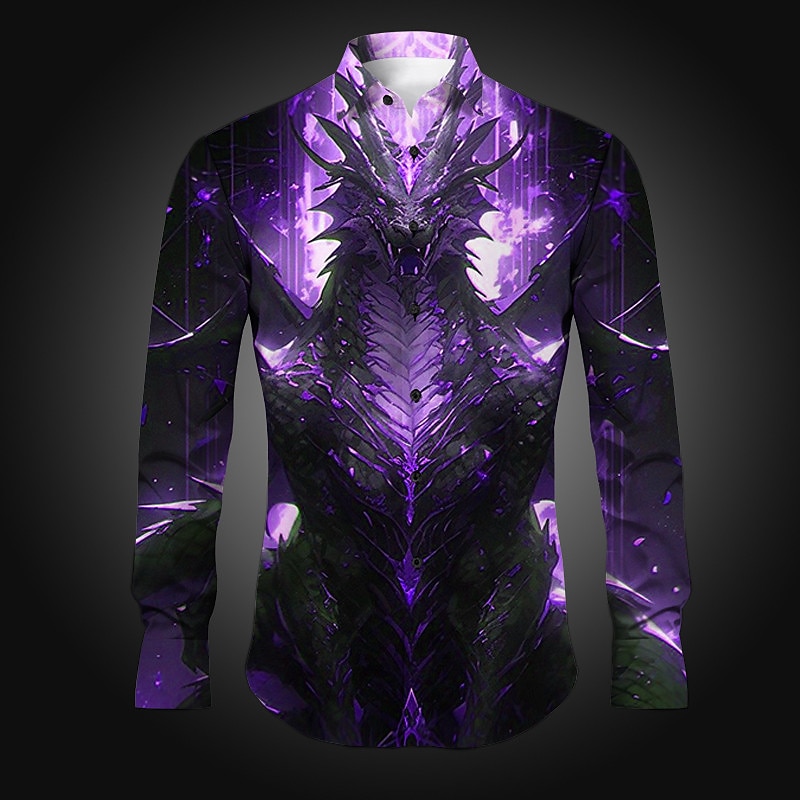 Men's Dragon Shirt Button Up Shirt Long Sleeve Artistic Abstract Daily Wear Going out Spring Turndown Print Button-Down Red Blue Dark Green Purple Gold4
