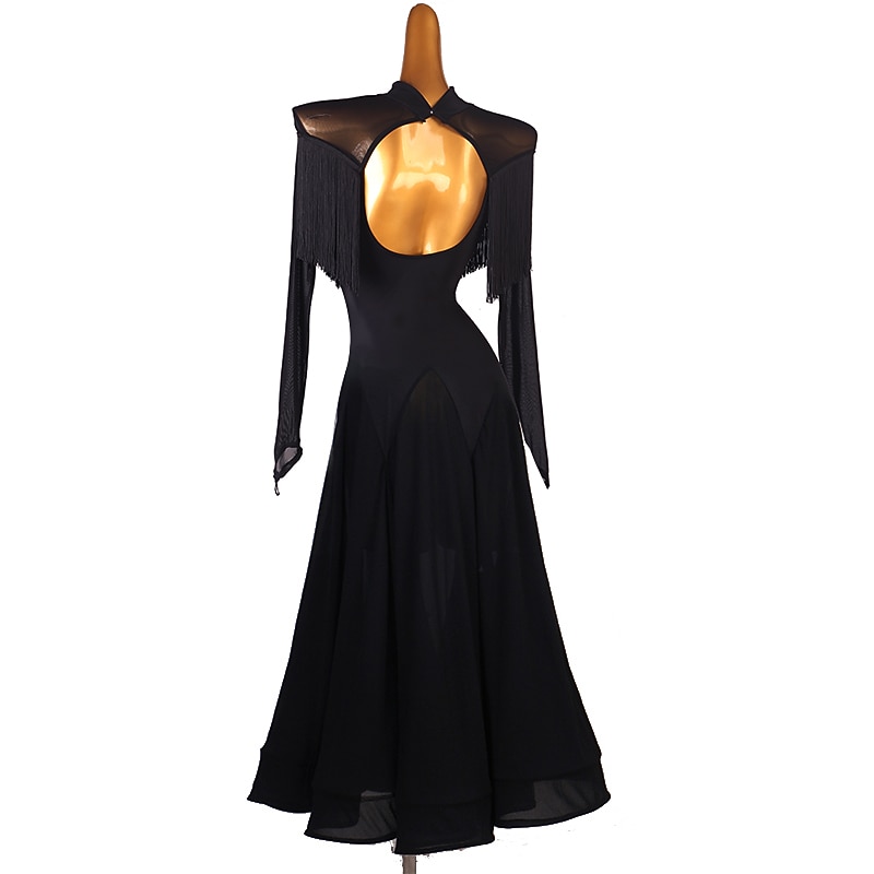 Ballroom Dance Dress Tassel Women's Performance Training Long Sleeve High Chiffon Chinlon Tulle2