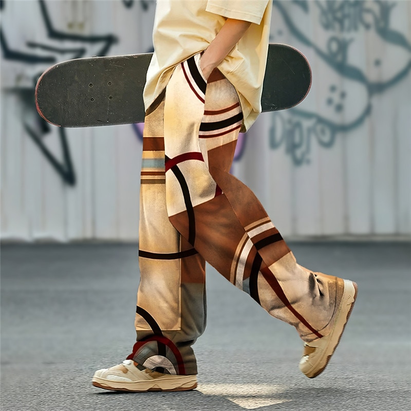 Geometry Casual Men's 3D Print Pants Trousers Outdoor Street Going out Polyester Pink Purple Brown S M L Mid Waist Elasticity Pants